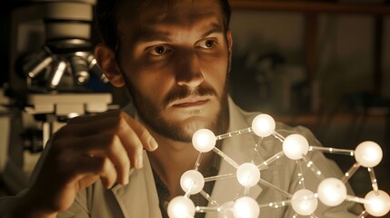 Scientist in lab coat holding molecular model of serotonin receptor, with microscope and scientific instruments, highlighting the significance of neuroscience research.