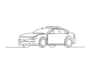 Continuous one line drawing of police or cop car with lights and siren on. Police vehicle in single line art illustration. Editable vector. © Line addict