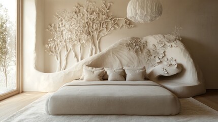Minimalist bedroom with sculpted wall and bed.