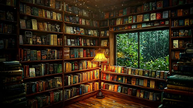 Cozy library with wooden shelves filled with books, warm lighting, and a rainy window view creating a tranquil ambiance
