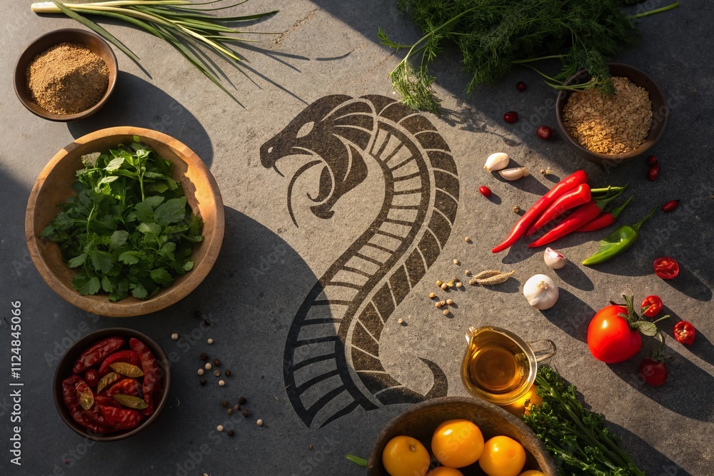 Aufkleber captivating cobra silhouette with culinary elements in a dynamic food photography style for unique b