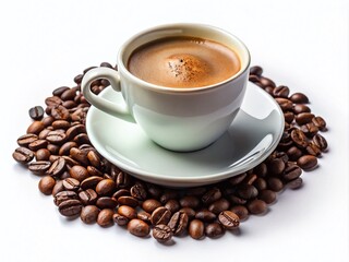 Fototapeta premium Captivating Coffee Aesthetic: A Cup with Saucer and Coffee Beans on White Background for Inviting Moments of Relaxation and Enjoyment in Your Daily Routine