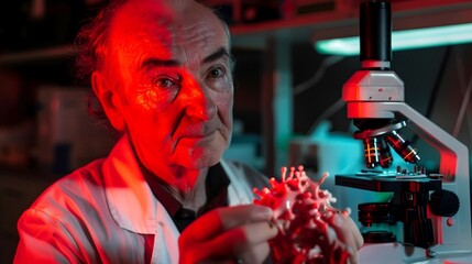 Scientist in lab coat holding molecular model of serotonin receptor, with microscope and scientific instruments, highlighting the significance of neuroscience research.
