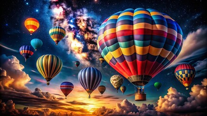 Fototapeta premium Captivating Colorful Hot Air Balloons Illuminating the Dark Sky at Dusk, Captured in Stunning Detail Using the Rule of Thirds for an Enchanting Visual Experience