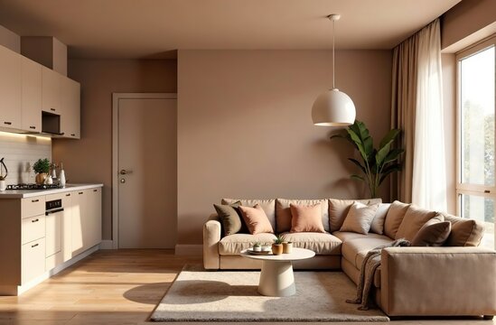 A stylish living room combined with a kitchen with a sofa, a coffee table, and a painting on the wall, in the trendy mocho mousse color and minimalistic design