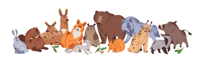 Group of different cute forest animals stands together. Happy woodland fauna: bear, deer, fox, wolf, hare, squirrel. Lots of wild friendly beasts. Flat isolated vector illustration on white background