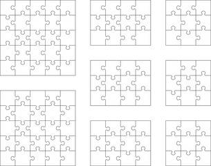 Illustration of eight different white puzzles, separate pieces	
