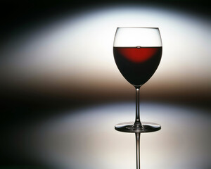 Single glass of wine on a light reflective background