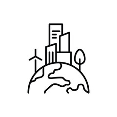 Green town icon. Simple outline style. Clean city, sustainable future, building, house, tree, earth, globe, world environment concept. Thin line symbol. Vector illustration isolated.