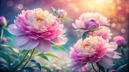 Fototapeta premium Captivating Conceptual Photography of Peony Flowers in Bloom, Showcasing Their Delicate Petals and Vibrant Colors Against a Dreamy Abstract Background