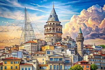 Fototapeta premium Captivating Conceptual Photography of the Galata Tower: A Detailed Drawing Sketch Illustration Showcasing Architectural Beauty and Historical Significance in Istanbul