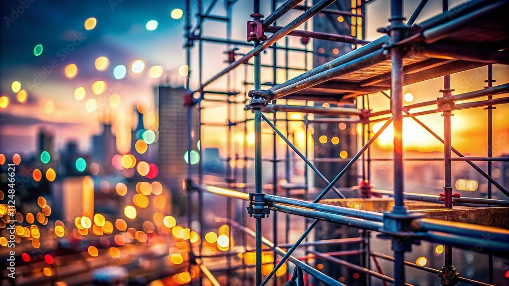 Poster captivating construction scene with scaffolding: a bokeh effect focus on urban development and archi