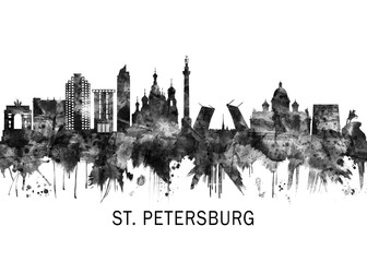 Fototapeta premium St. Petersburg Russia Skyline BW, abstract painting travel poster urban landscape modern art downtown skyline illustration landmarks skyscrapers artwork architecture