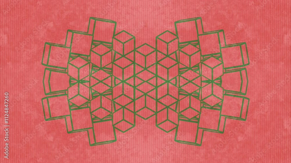 Poster Digital seamless loop animation with smoothly changing contours of cubes forming a dynamic figure. The bright orange textured background adds depth. While the minimalist style. 3d rendering 4K
