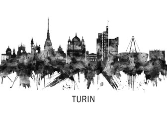 Naklejka premium Turin Italy Skyline BW, abstract painting travel poster urban landscape modern art downtown skyline illustration landmarks skyscrapers artwork architecture