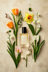 Perfume flower, A perfume bottle surrounded by vibrant flowers on a textured surface, creating a fresh and elegant aesthetic.
