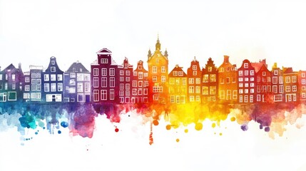 Fototapeta premium An Amsterdam illustration in colorful watercolor paints, isolated on a white background