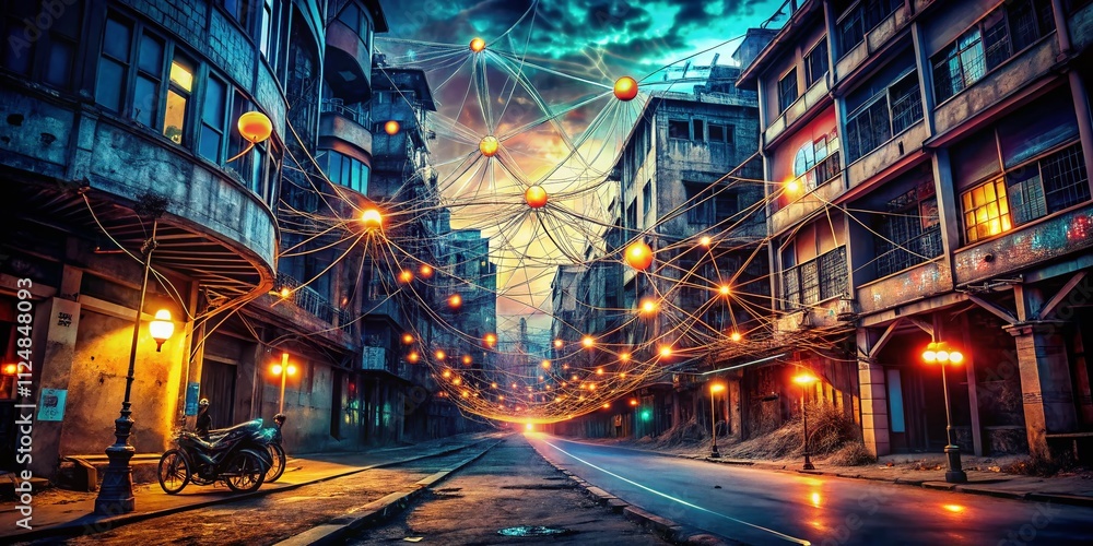 Poster captivating digital illustration of a glowing neural network with interconnected nodes representing 