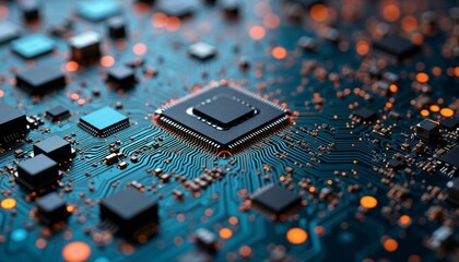 Close-up of a microchip and circuit board, technological details in a vibrant design