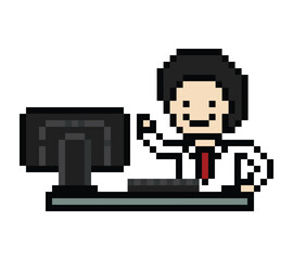 Obraz premium Cartoon cute pixel cartoon 8bit character business man businessman smart work game for decoration business 8 bit male career smart character game png vector.