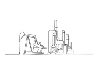 Continuous one line drawing of oil driling pumpjack. Oil pump oil rig energy industrial machine illustration. Editable vector.