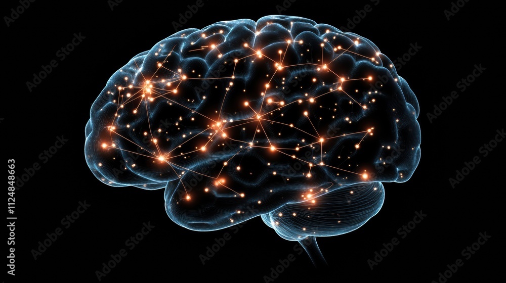 Fototapete An abstract representation of a human brain formed by glowing neural networks and synapses, providing space for additional text and ideas. Generative AI