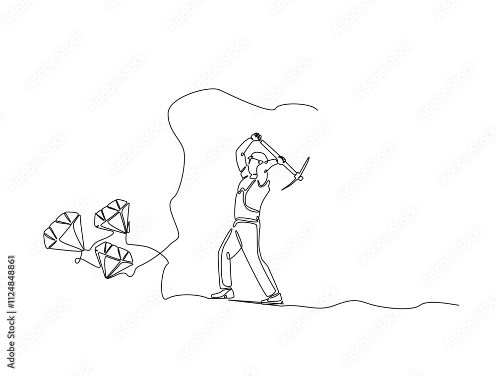 Poster continuous one line drawing of mining worker digging with pickaxe to get diamonds. metaphor of work 