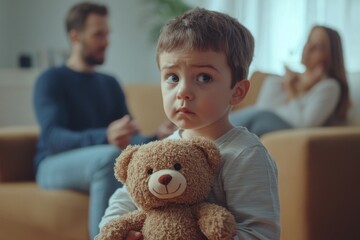 Child holding a teddy bear with parents arguing in the background.