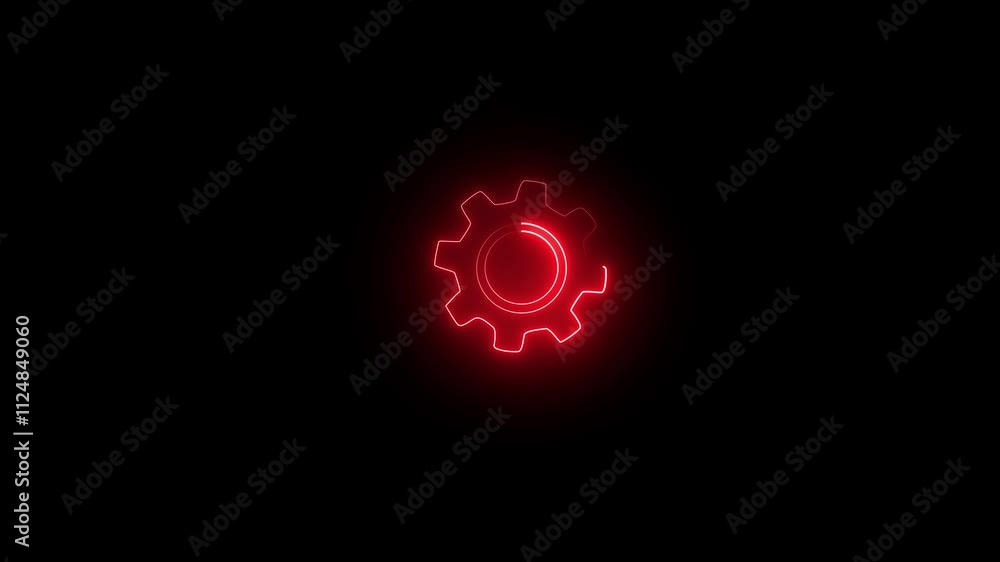 Aufkleber neon glowing red color gear setting icon on black background animation, technology setting icon .tec