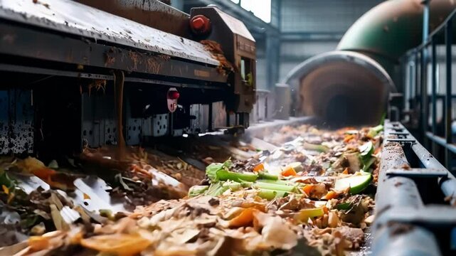Large industrial machine processes organic waste on a conveyor belt inside a recycling plant. Steam rises from the processed material