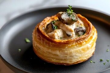 A golden French vol-au-vent filled with creamy chicken and mushrooms on a dark plate, set on a veined marble countertop under soft, elegant lighting