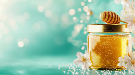 Bees and delicate flowers surround a glass jar filled with golden honey, showcasing nature's beauty and sweetness