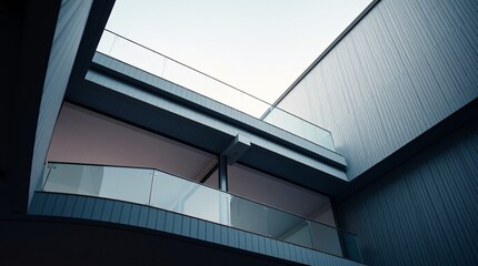 Obraz premium Modern Architecture: A minimalist perspective of a contemporary building's interior, featuring sleek lines, glass railings, and a captivating interplay of light and shadow.