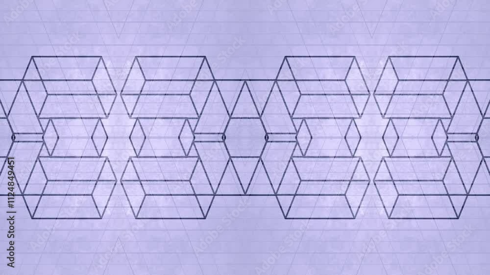 Poster Geometric seamless loop animation of a symmetrical flat pattern of simple rectangular shapes on a textured light purple background. Minimalist style, strict orthogonal perspective. 3d rendering 4K