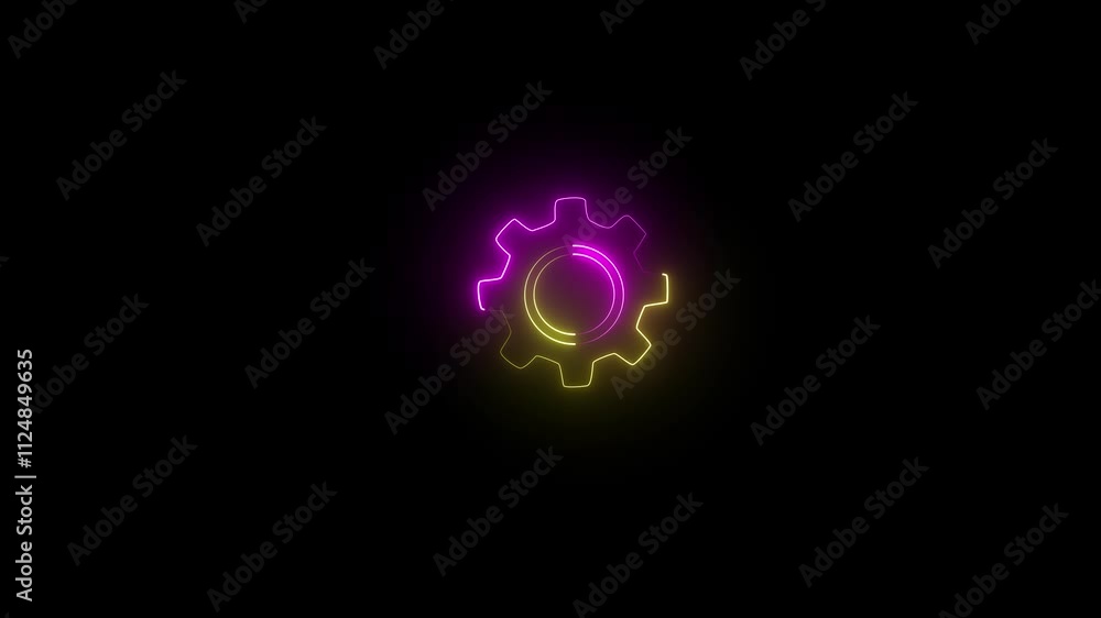 Aufkleber neon glowing red color gear setting icon on black background animation, technology setting icon .tec