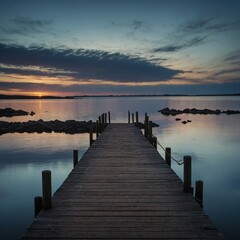 A peaceful, empty dock extending over still waters at dusk.