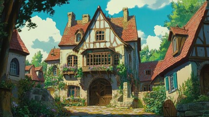 Fototapeta premium an anime fantasy medieval house of a fairytale