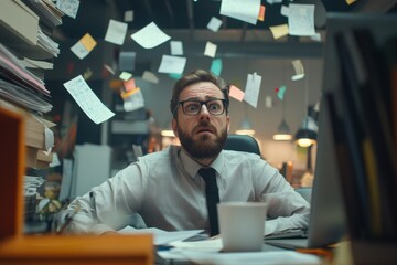 Frustrated office manager in a chaotic work environment.