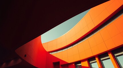 Crimson Curves: Architectural marvel showcasing vibrant orange curves and dramatic shadows, creating a visually striking and modern design. Captures the beauty of contemporary architecture. 