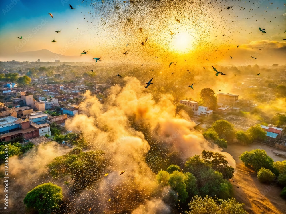 Poster captivating documentary style image of flying dust particles in the air with a dynamic animated back