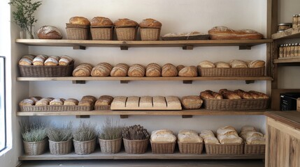 Naklejka premium Freshly Baked Bread Loaves Display in Bakery