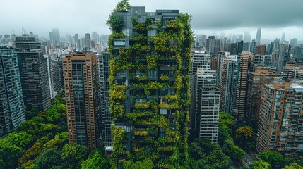 Obraz premium Urban Green Building Surrounded by Modern Cityscape with Lush Vegetation Accent Features