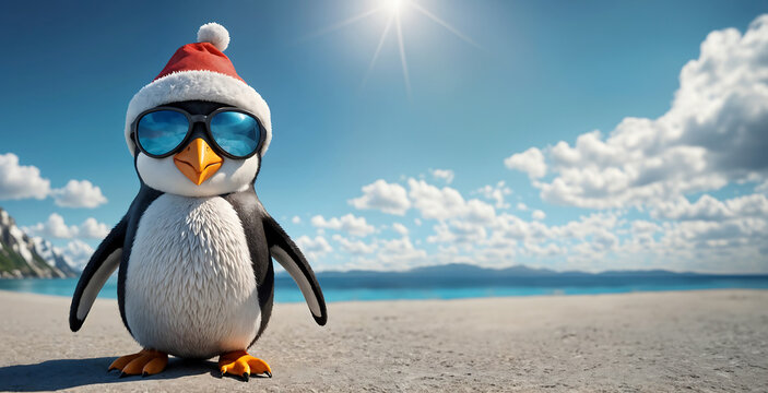 Manchot, pingouin avec chapeau de père-noël et lunette de soleil isolé avec espace vide pour du texte