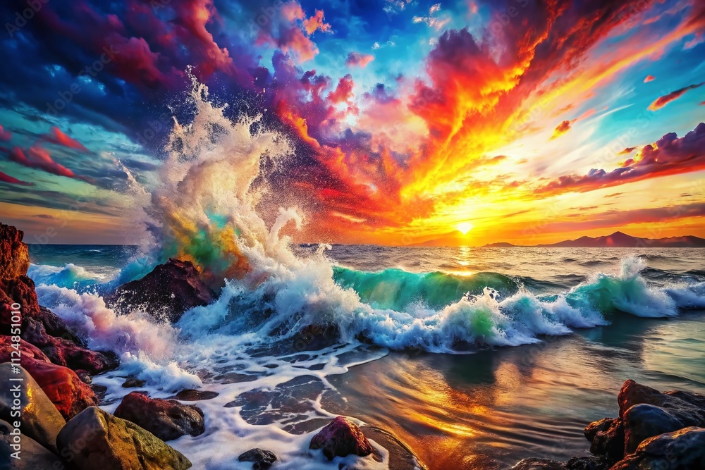 Poster captivating double exposure art: acrylic painting on canvas with multi-gradient waves and splash ink