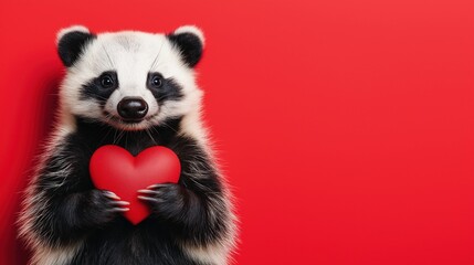 Cute Badger Holding Heart on Red Background