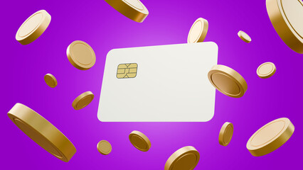 Floating debit card and gold coins on purple background. Online payments credit debit card and golden coins. Debit or gift card offers. Payment and shopping concept.
