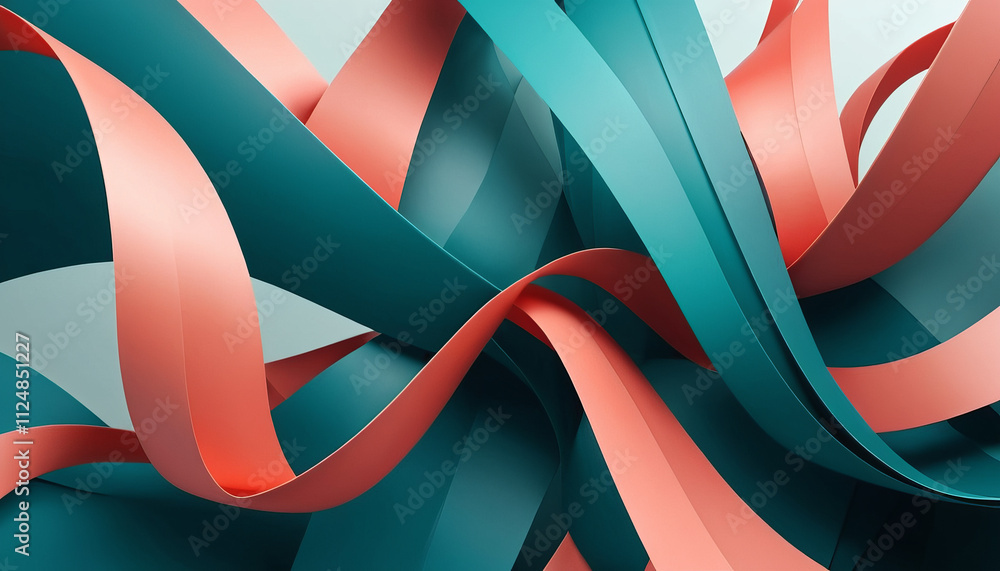 Poster dynamic abstract ribbons in teal and coral creating an energetic and vibrant composition