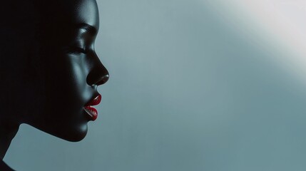 Obraz premium Profile of a woman with glossy red lips in dramatic lighting, exuding boldness and sophistication