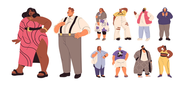 Set of diverse heavy people with overweight. Body positive, fat characters with weight problems. Plus size, obese, chunky, plump men and women. Flat isolated vector illustrations on white background