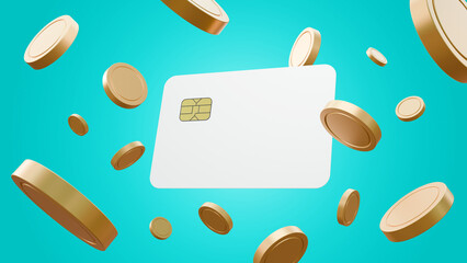 Floating debit card and gold coins on colored background. Online payments credit debit card and golden coins. Debit or gift card offers. Payment and shopping concept.